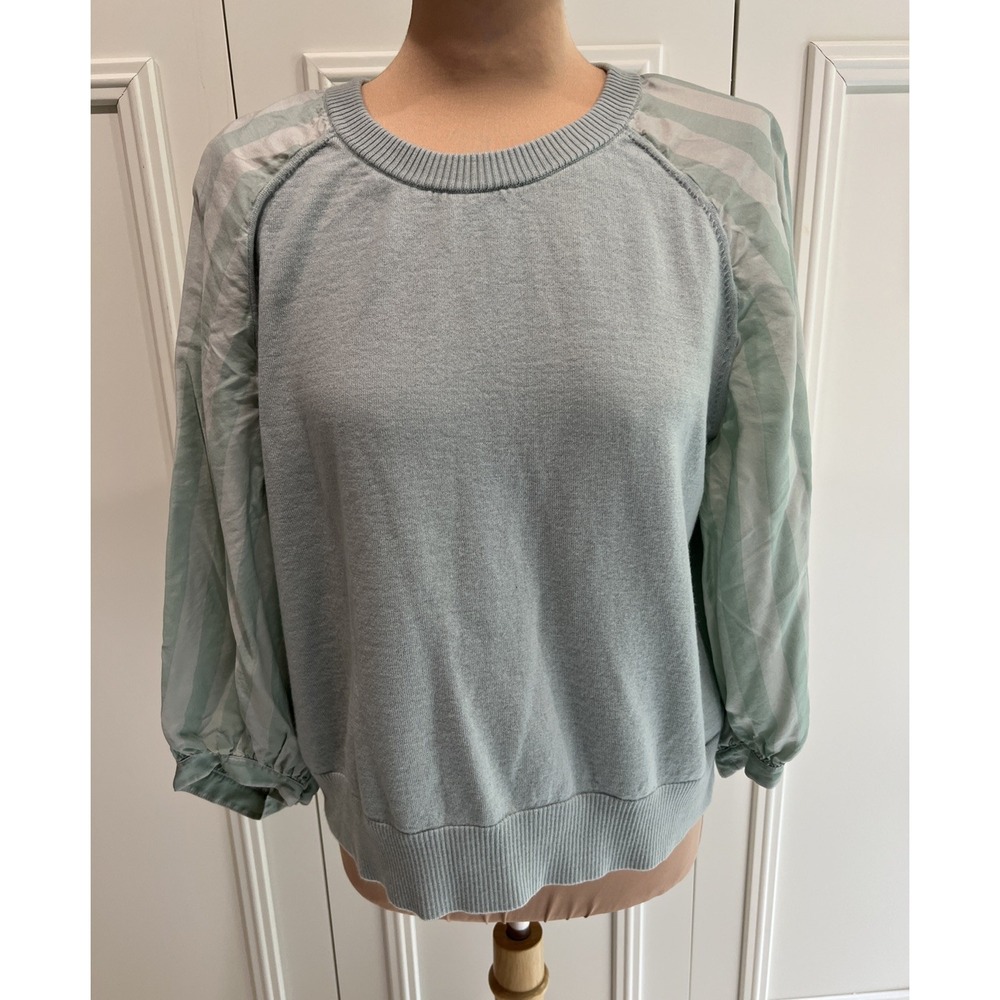 Akris Punto Mint Green Wool? Sweater Size US 14 Stripe Balloon Sleeve Designer